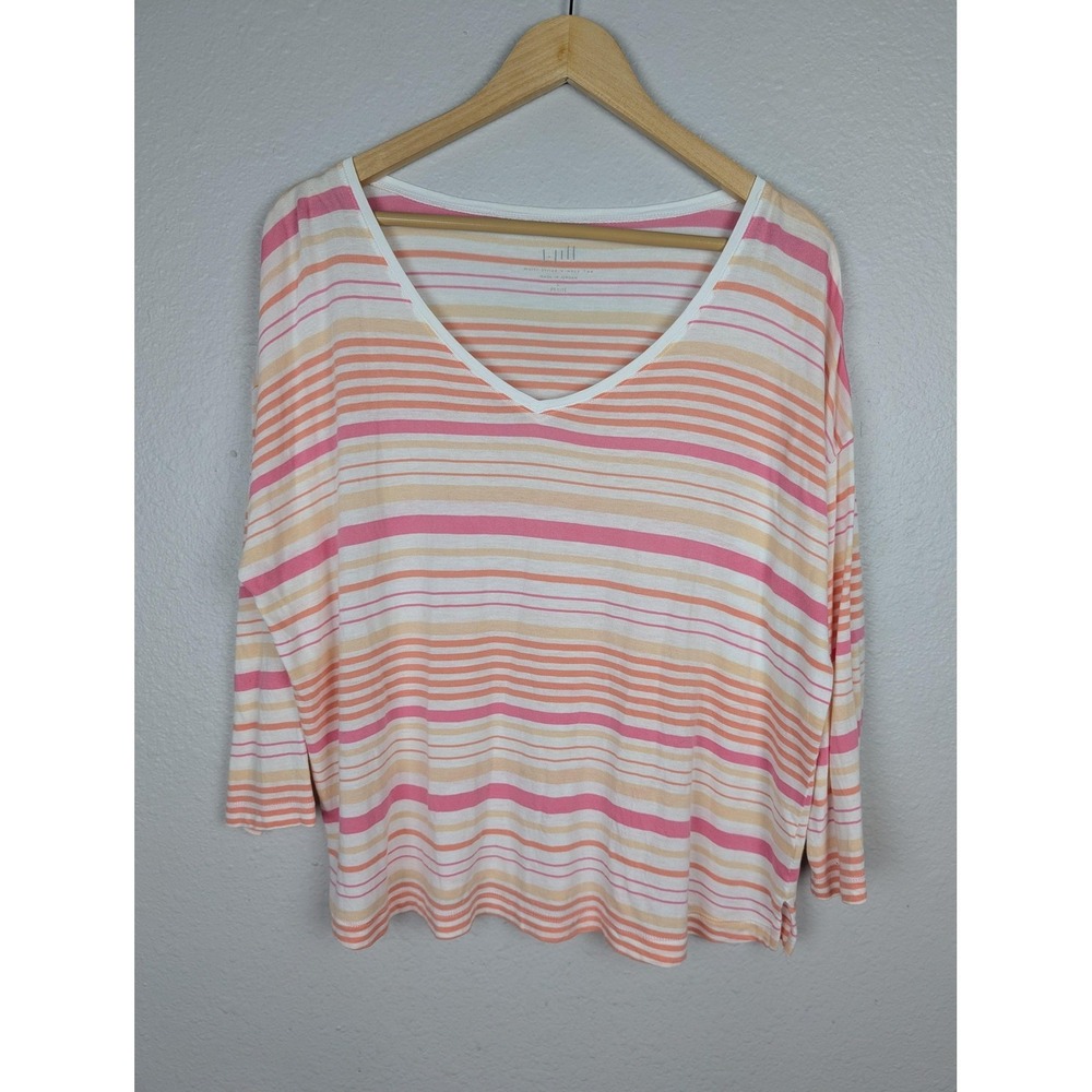 J Jill Shirt Womens Large Petite Pink Orange Multi Stripe V-Neck 3/4 Sleeve Tee